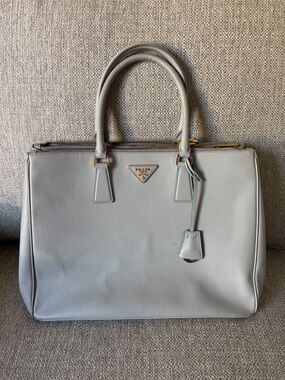 Prada Saffiano Leather Satchel in Light Gray with Gold Trim